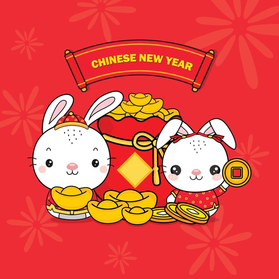 Chinese New Year 2023 Year of the Rabbit with wealth gold money. vector
