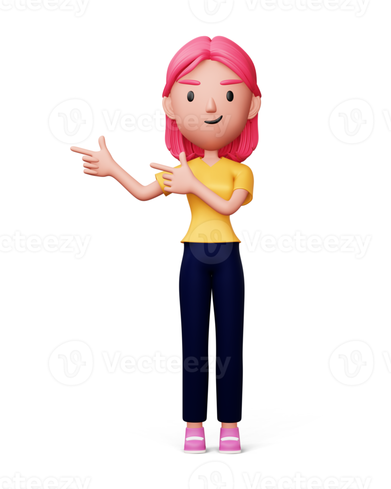 Happy women pointing finger, 3d rendering png