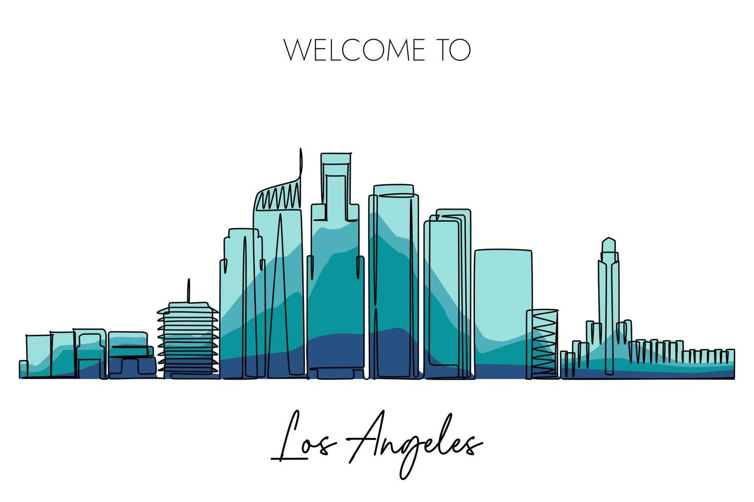 one continuous line drawing of Los Angeles city skyline. World Famous tourism destination. Simple hand drawn style design for travel and tourism promotion campaign vector