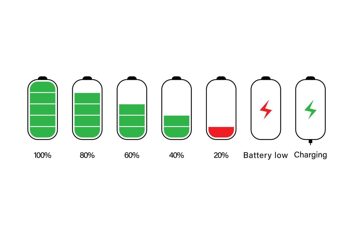 iconos de conjunto de energía de batería o diseño de vectores de iconos de indicador de batería.