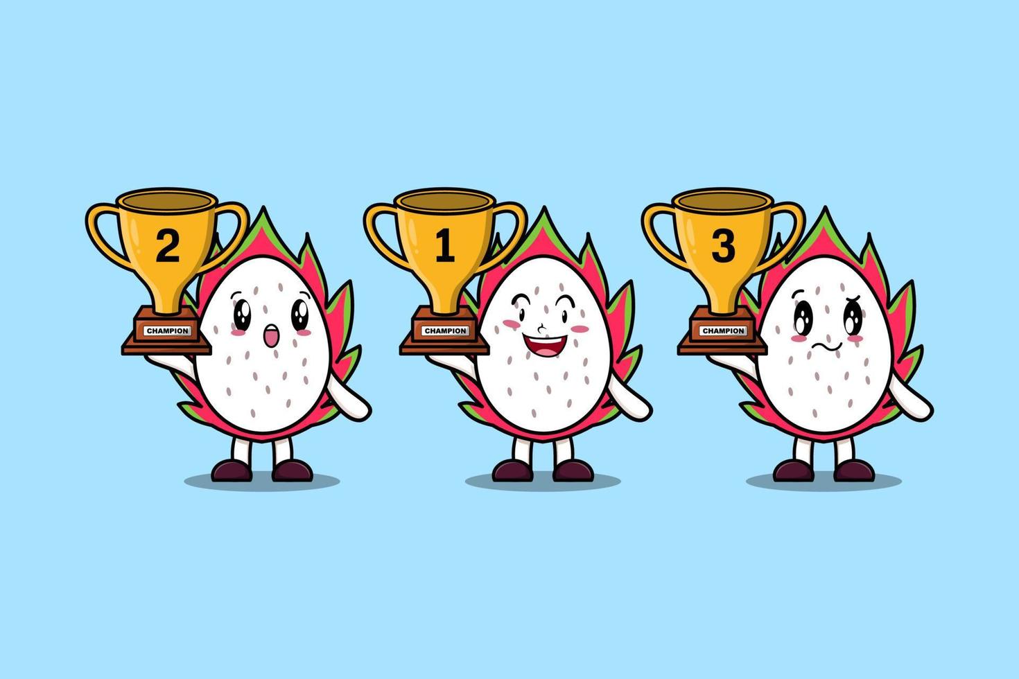 Set of cute cartoon Dragon fruit holding trophy vector