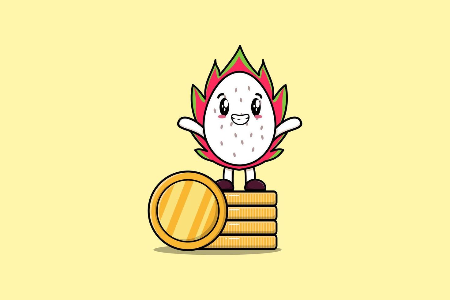 Cartoon Dragon fruit standing in stacked gold coin vector