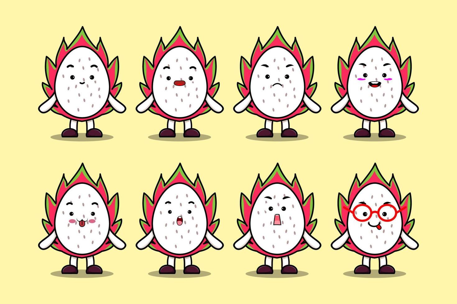 Establecer kawaii dragon fruit cartoon expresiones vector