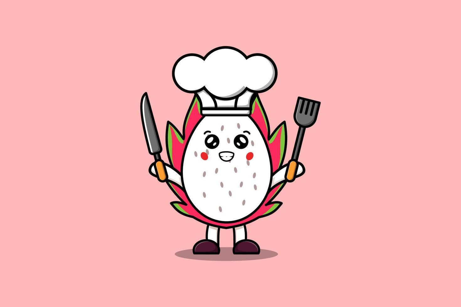 Cute cartoon Dragon fruit chef hold knife and fork vector