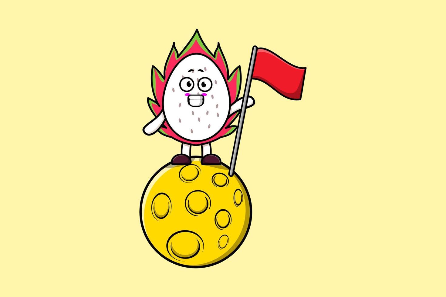 cartoon Dragon fruit standing on moon with flag vector