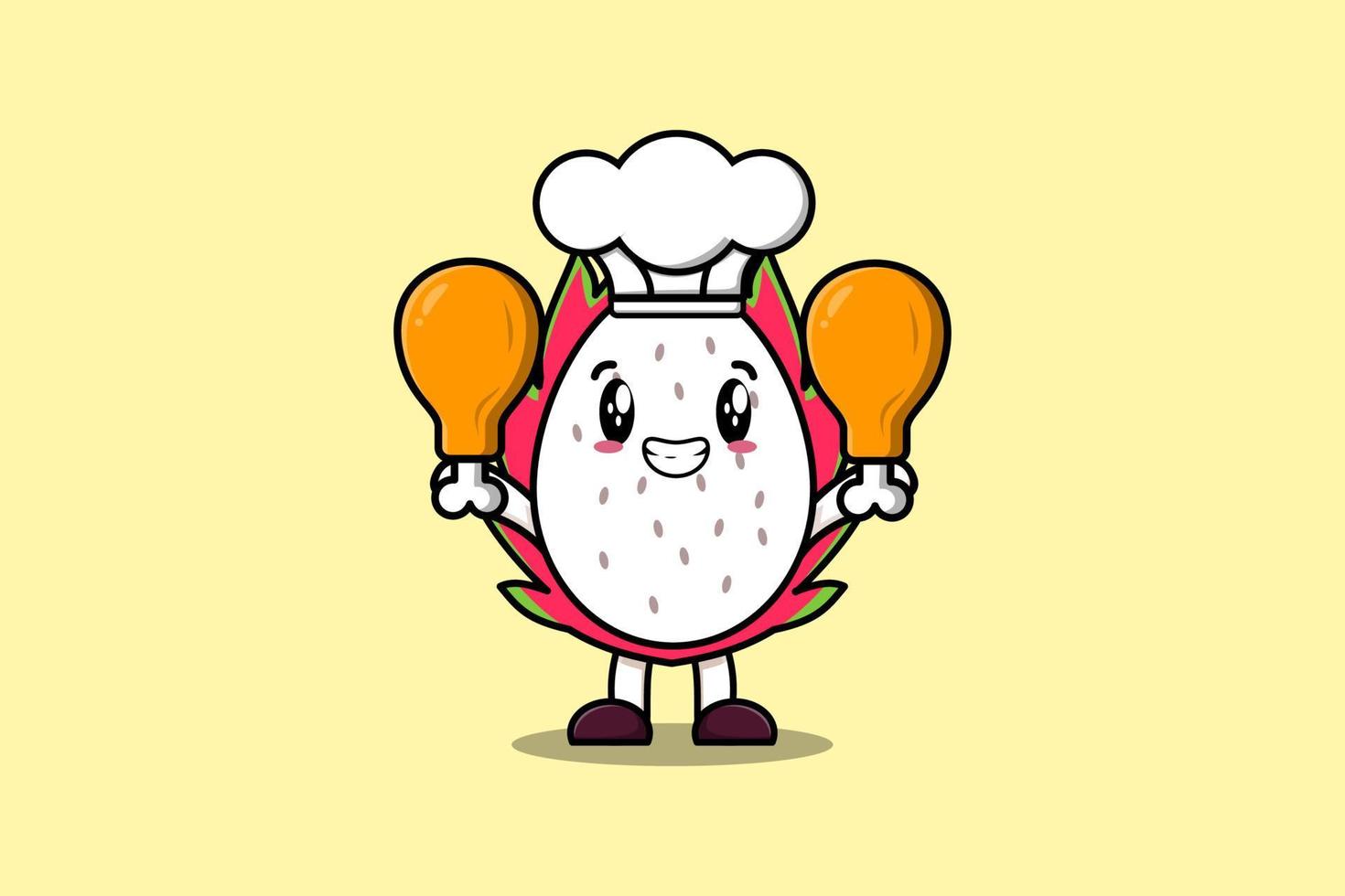 Cute cartoon Dragon fruit chef hold chicken thighs vector