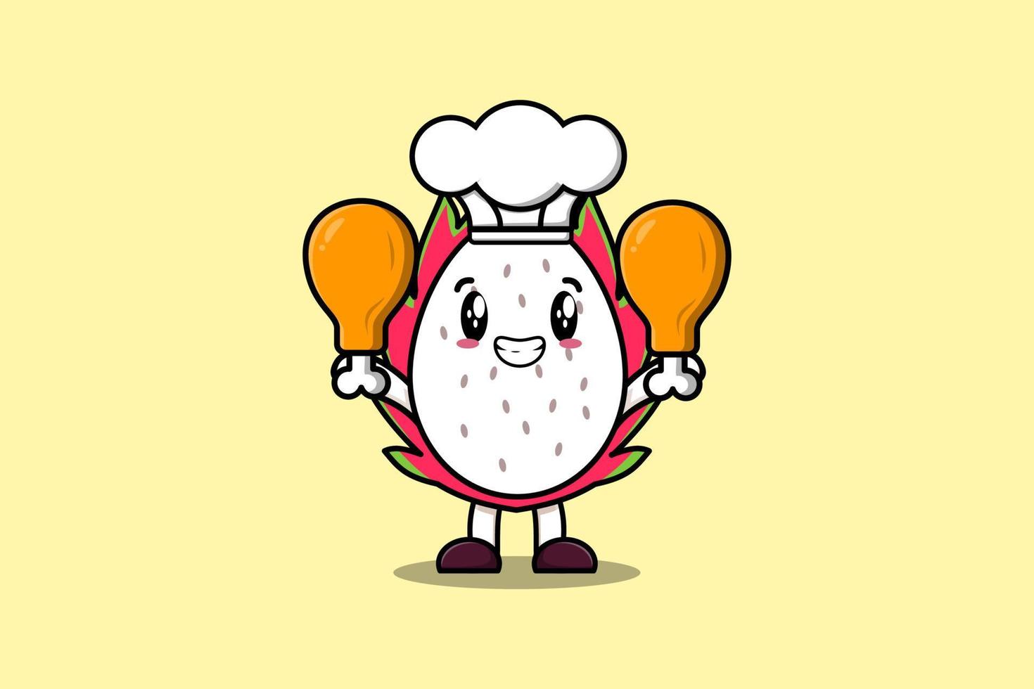 Cute cartoon Dragon fruit chef hold chicken thighs vector