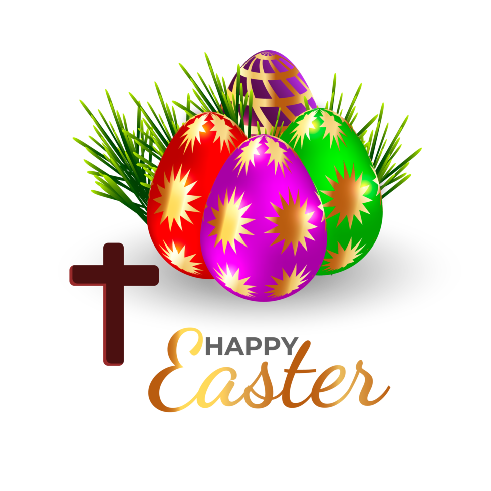 happy easter element for design.eggs in green grass with white flowers isolated png