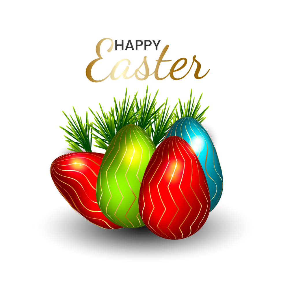 happy easter element for design.eggs in green grass with white flowers isolated png