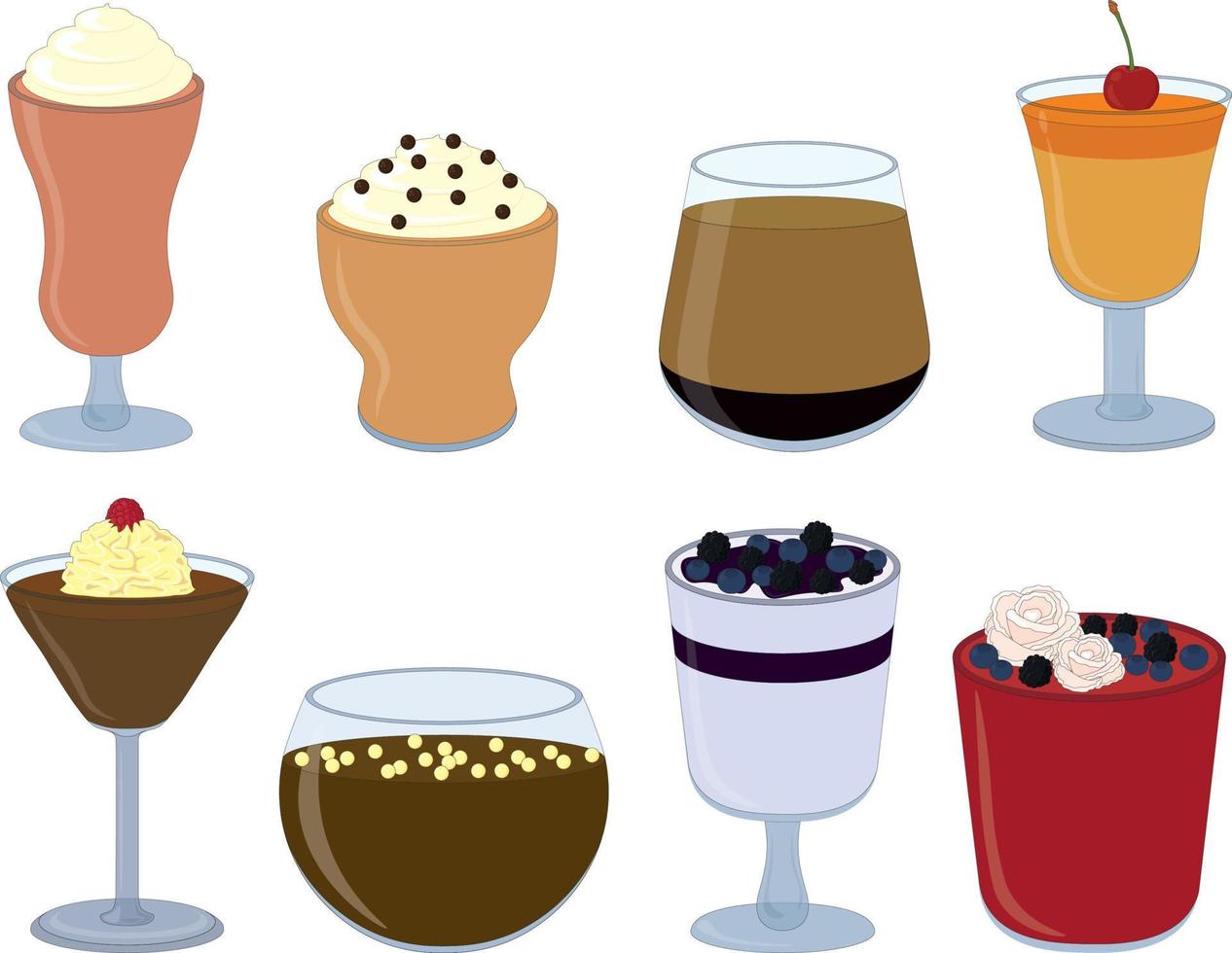 Nice sweet desserts in different glasses with toppings vector illustration