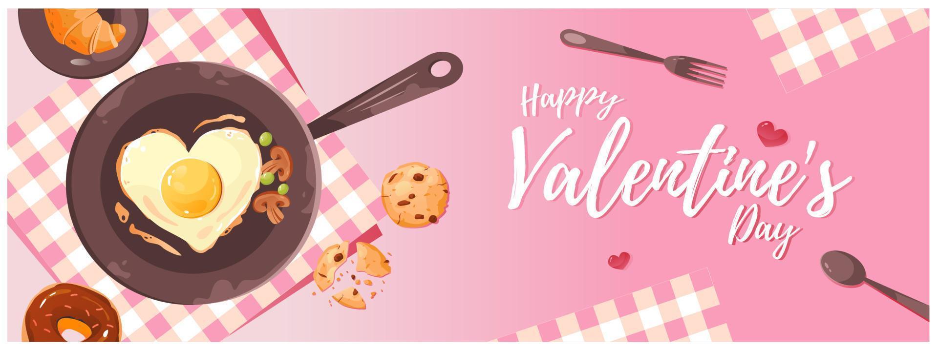 día de San Valentín. desayuno para un ser querido. huevos fritos en forma de corazón en una sartén. plantilla para un banner web, postal, publicación en una red social. vector