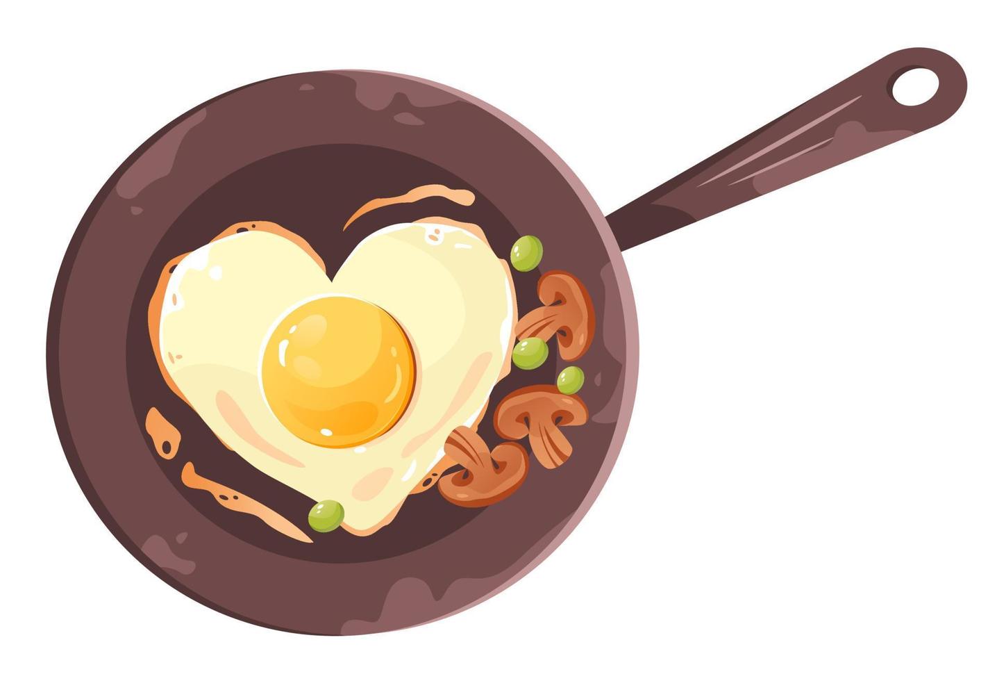 Frying pan with fried eggs in the shape of a heart. Traditional breakfast. Healthy homemade food. Cartoon vector illustration isolated on a white background