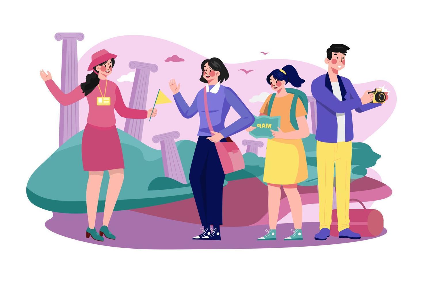 Tour Guide Lady And Group Of Tourists vector