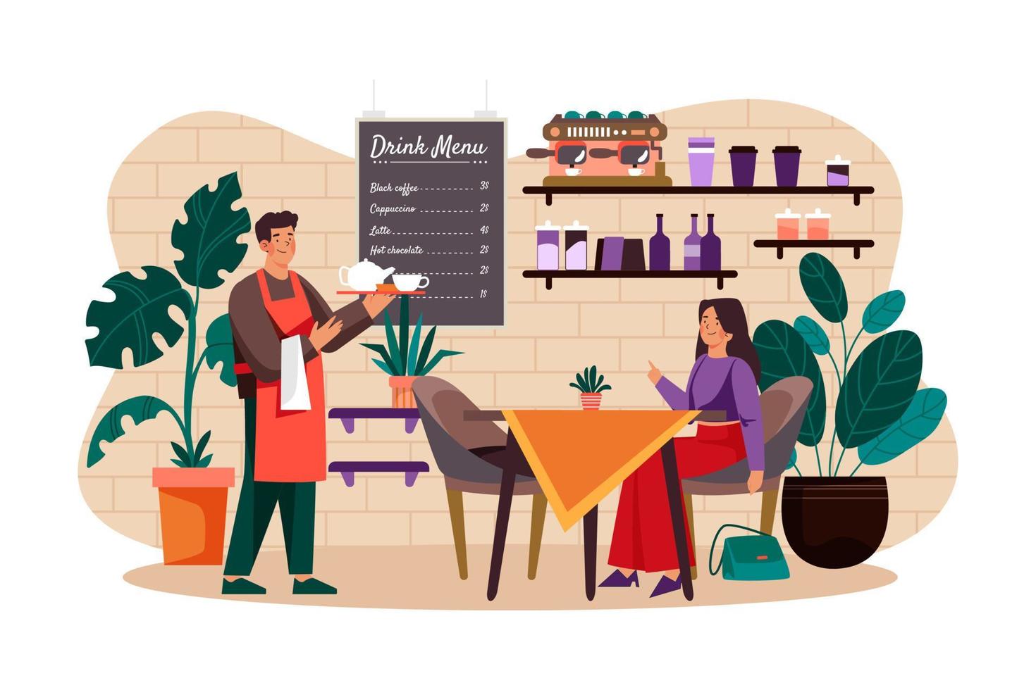 Young Handsome Waiter Servicing Girl Customer in Cafe vector