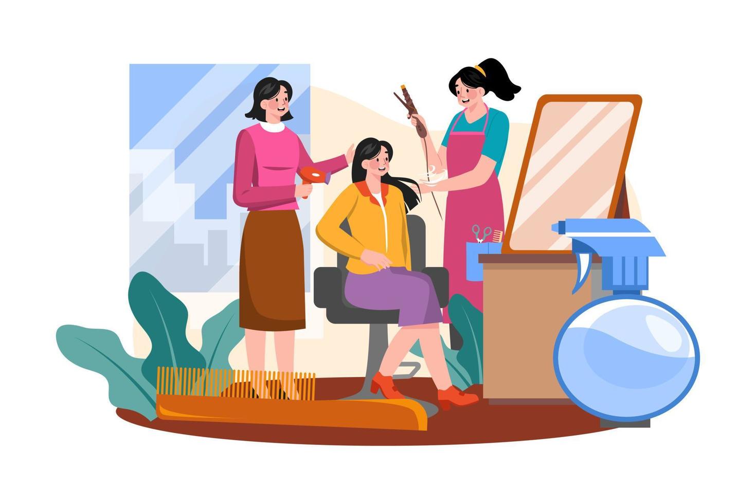 Hairdresser Dry A New Hairstyle For A Customer At A Hair Salon. vector