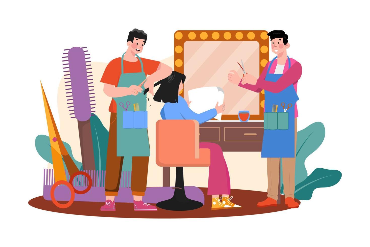 Woman Getting Her Hair Cut At The Beauty Salon. vector