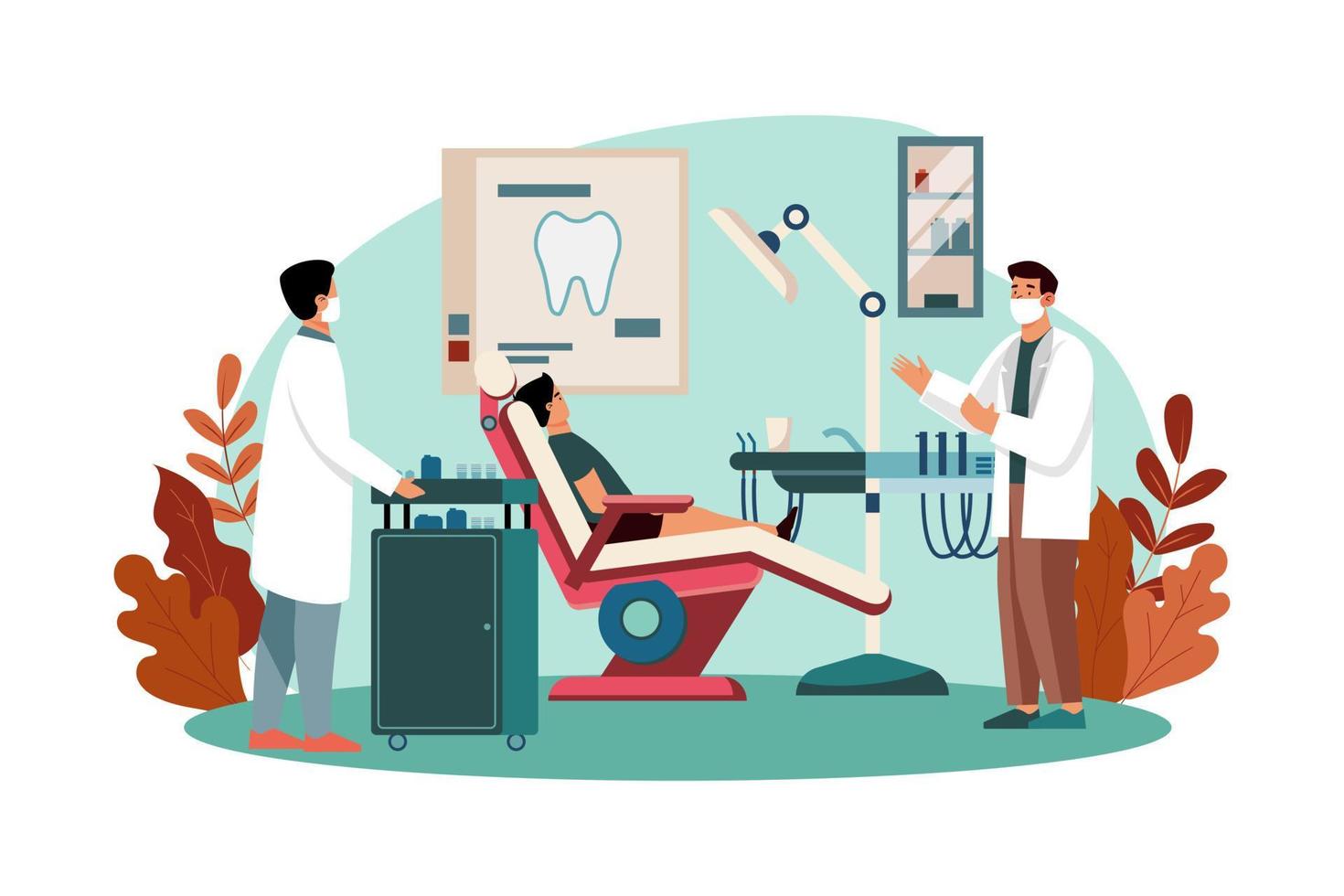 Dentists Treating Patients' Teeth In The Clinic. vector