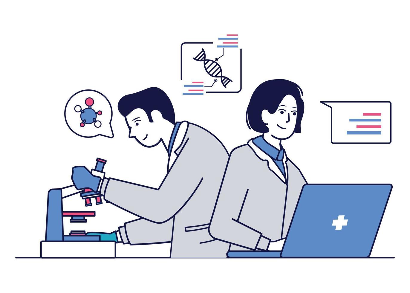 Illustration of a doctor who is checking data and DNA vector