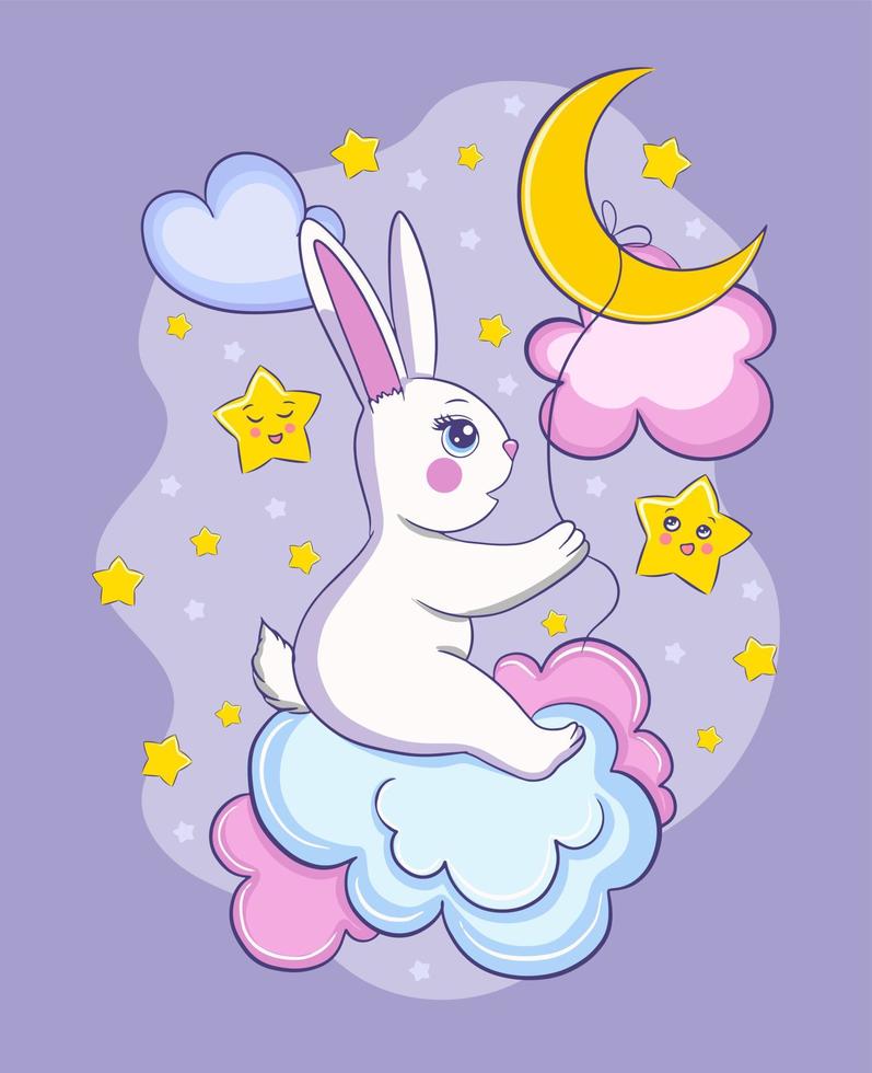 Cute cartoon white bunny and moon. Sweet dreams print, vector card