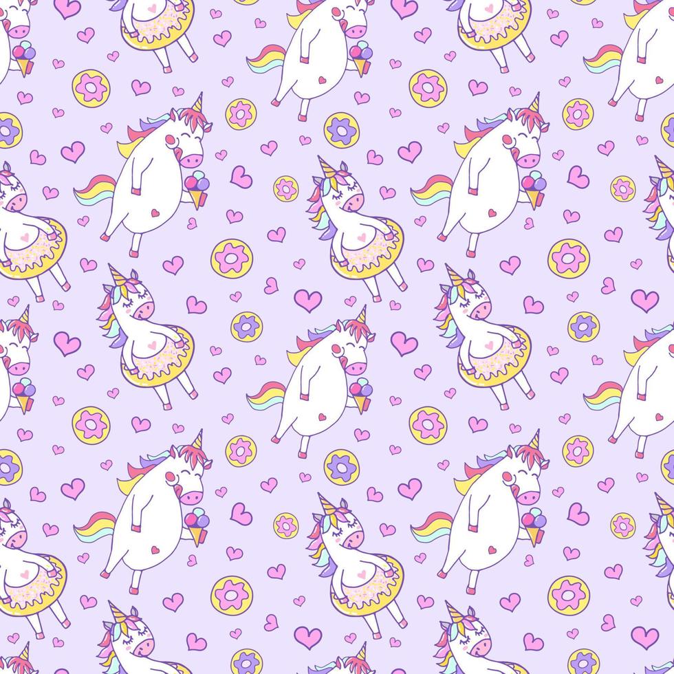 cute seamless pattern with funny unicorns and donuts. endless background vector