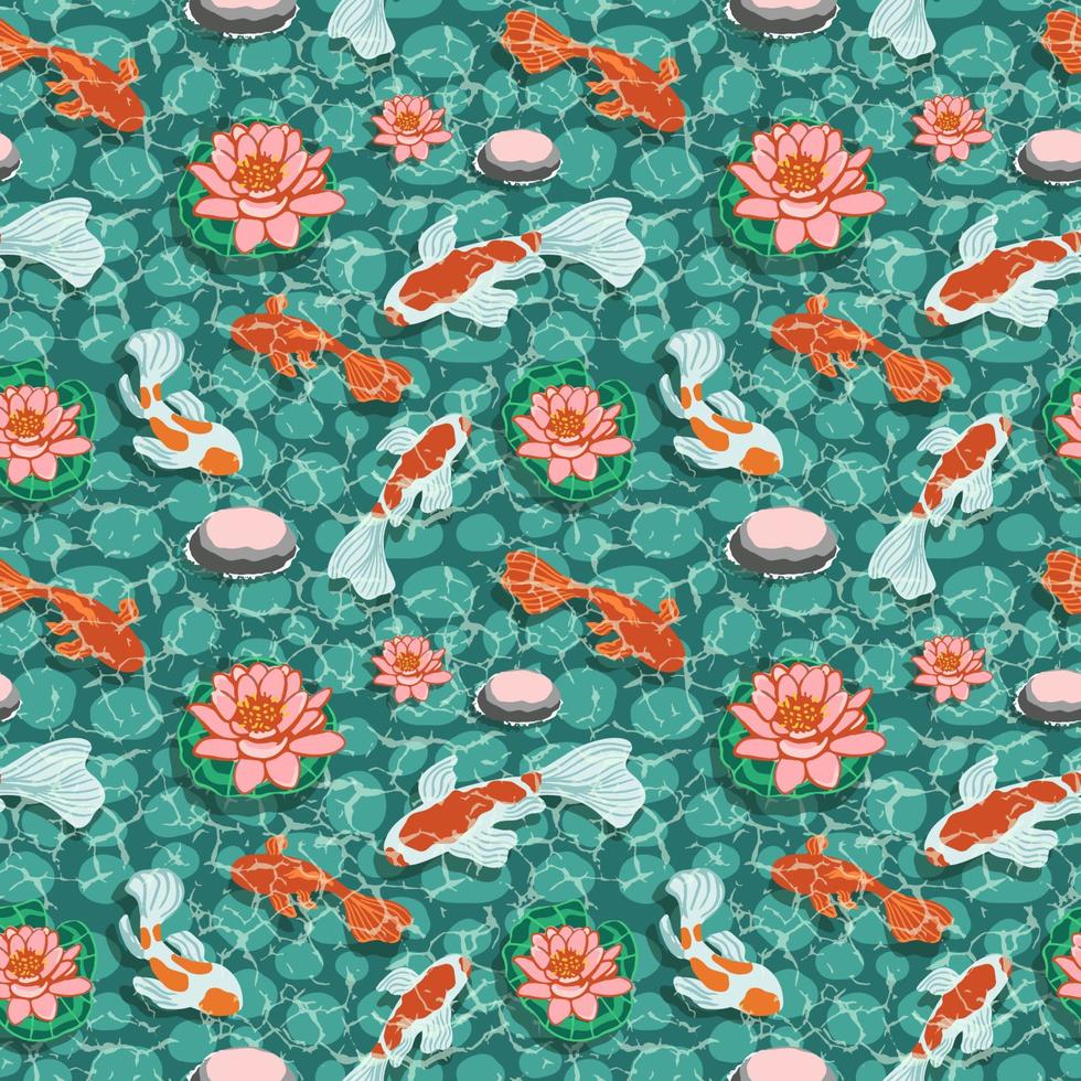 Seamless pattern with flowers and carps koi . Vector illustration