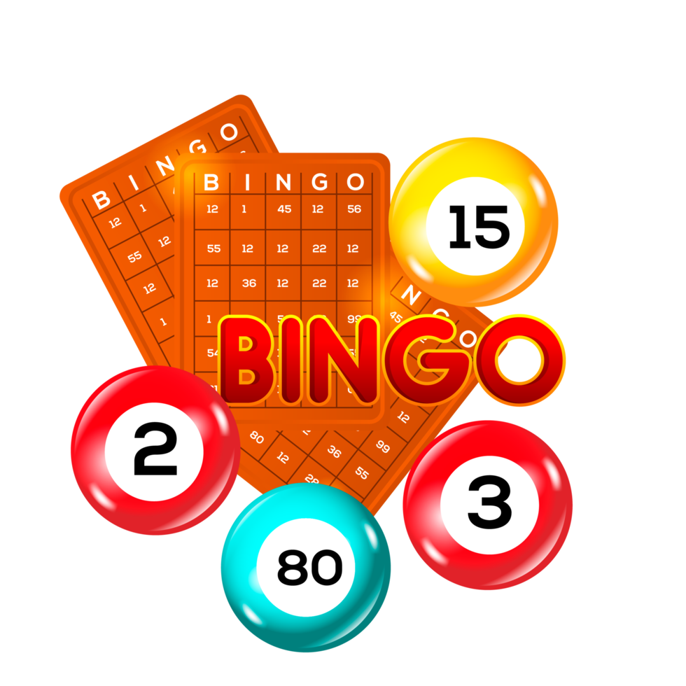 Bingo-Lotto-Spielbälle und Lotteriekarten mit Glückszahlen png