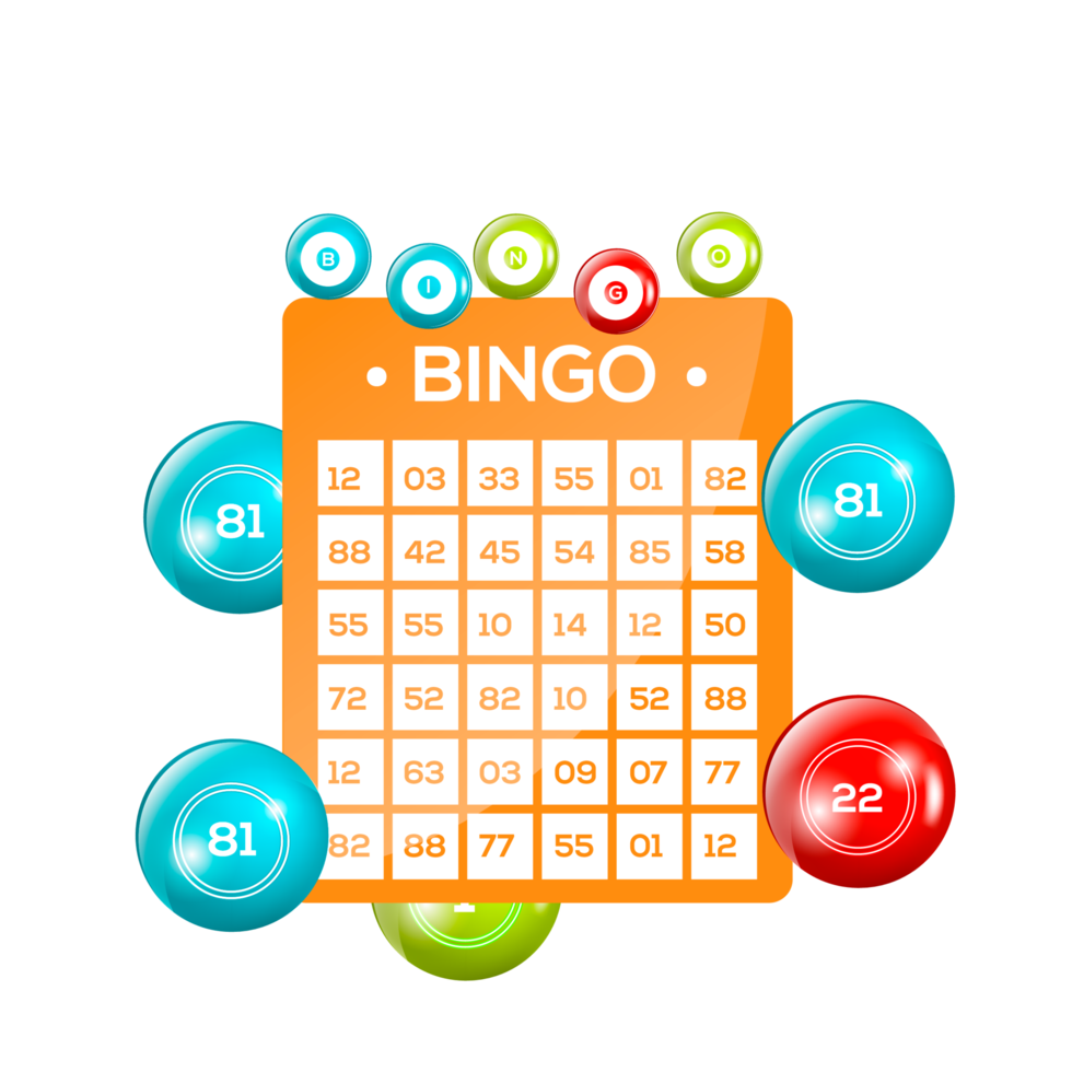 Bingo-Lotto-Spielbälle und Lotteriekarten mit Glückszahlen png