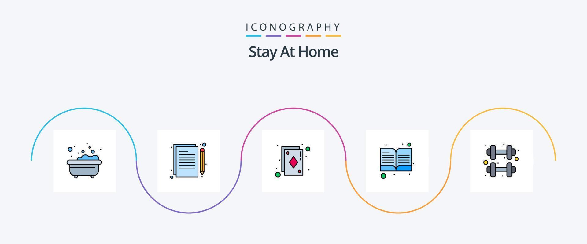 Stay At Home Line Filled Flat 5 Icon Pack Including home. open book. ace. reading. book vector