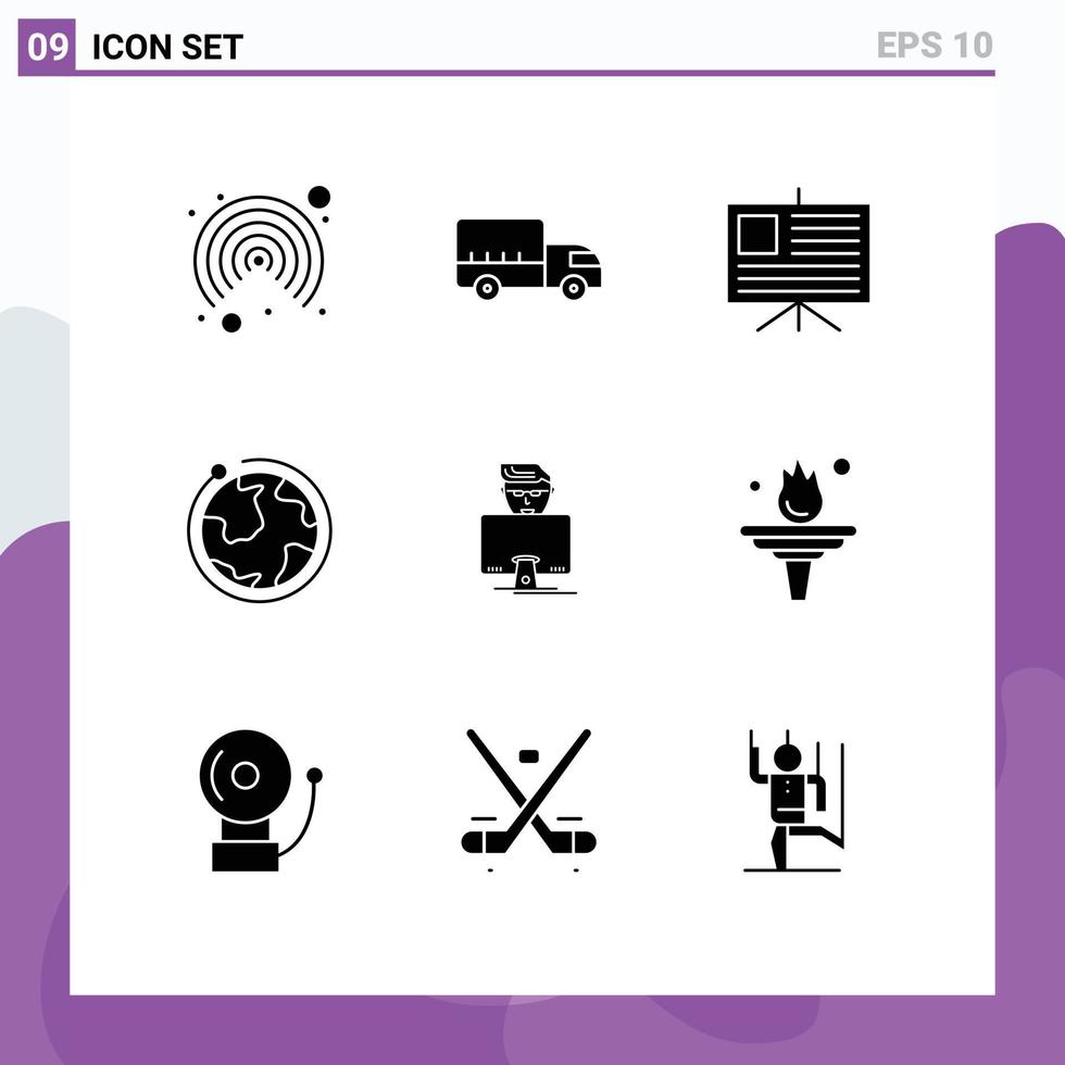 Mobile Interface Solid Glyph Set of 9 Pictograms of programmer user business hacker internet Editable Vector Design Elements