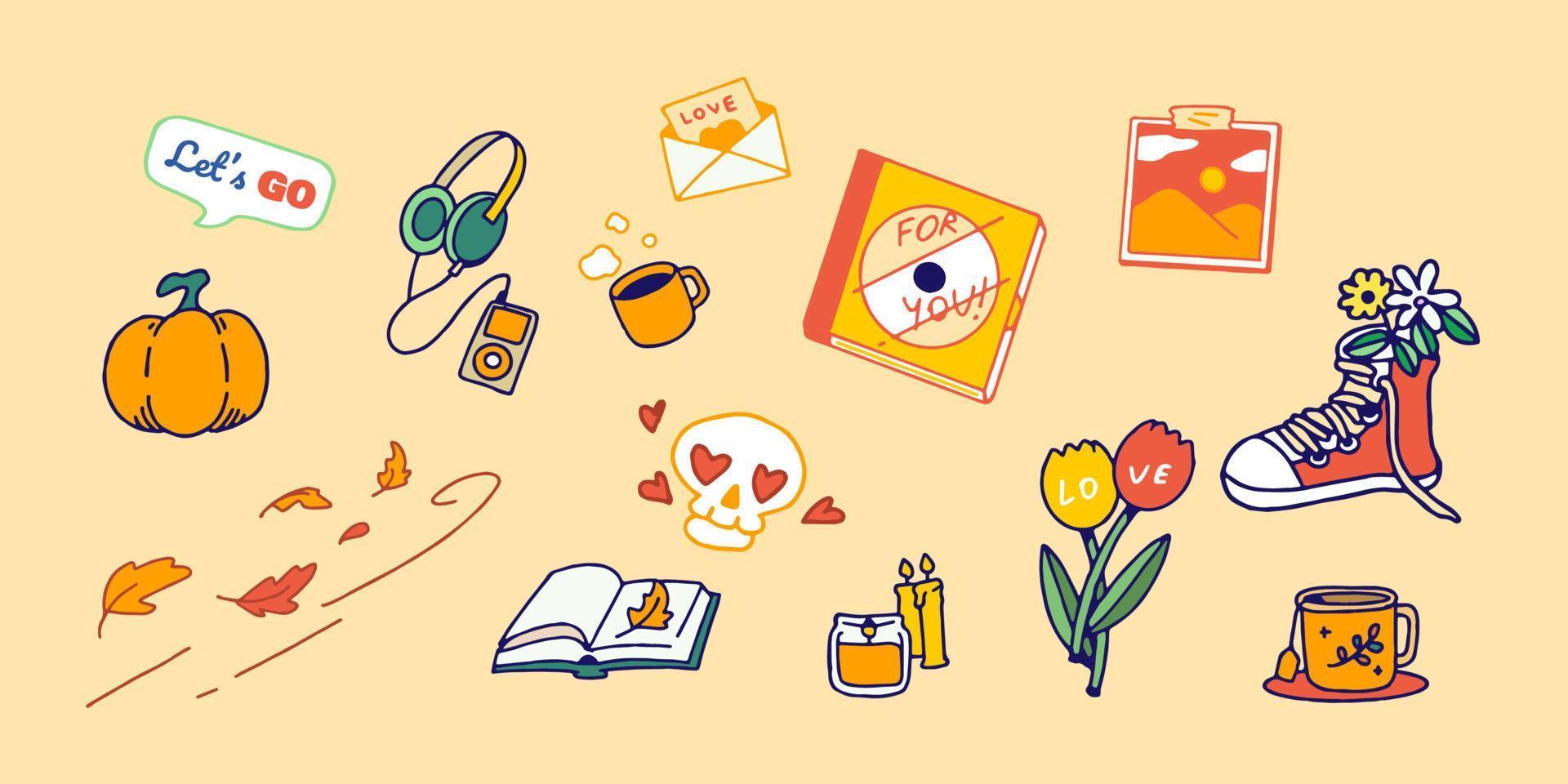 Set of Hand drawn isolated vector patches, pins, stamps or sticker pack with funny cute characters and trendy illustrations. Colorful planning decoration , Prints and social media post