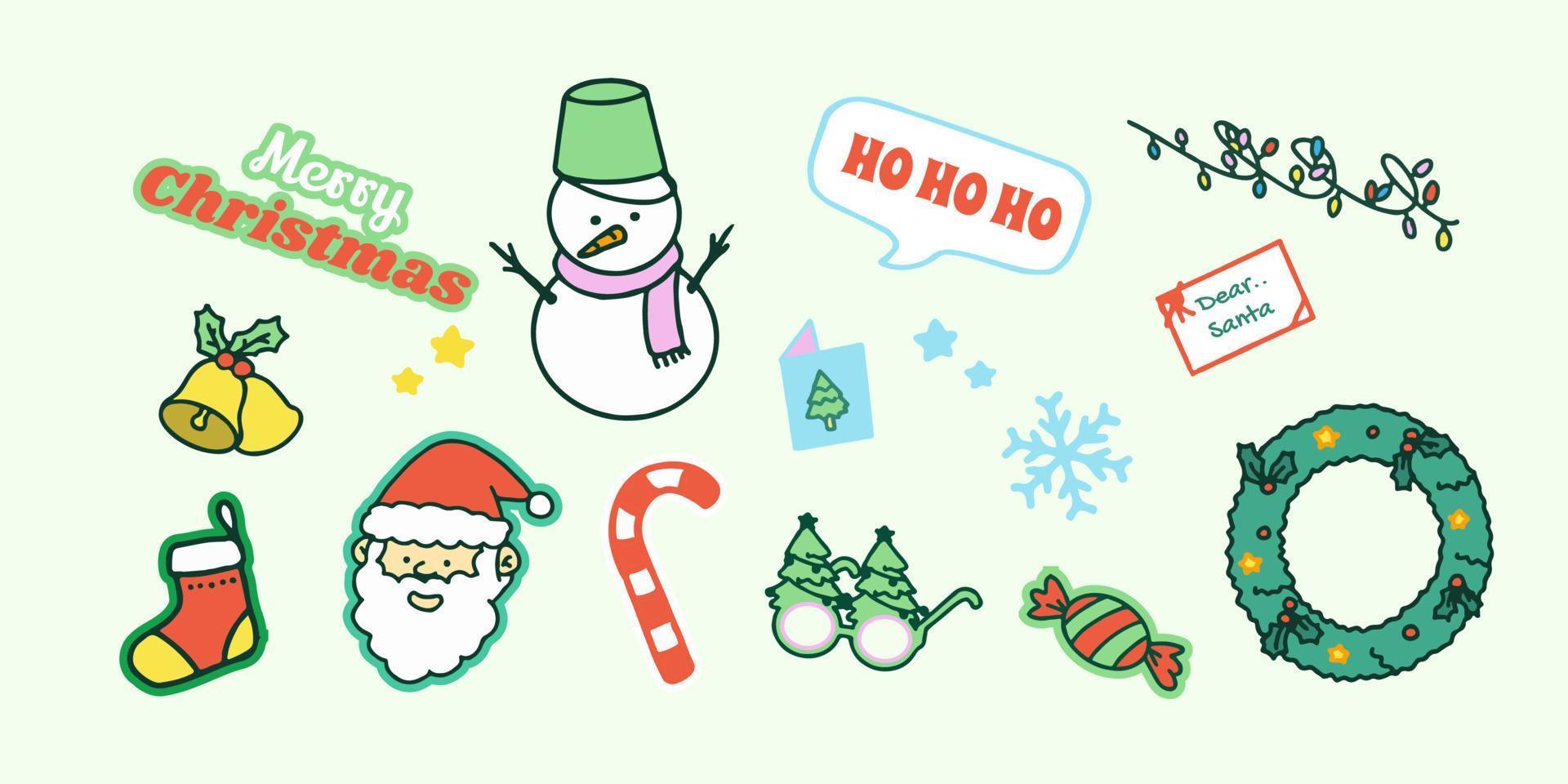 colección de adornos navideños, regalos navideños, ropa de lana de punto de invierno, pan de jengibre, árboles, regalos y pingüinos. ilustración de vector colorido en estilo de dibujos animados plana