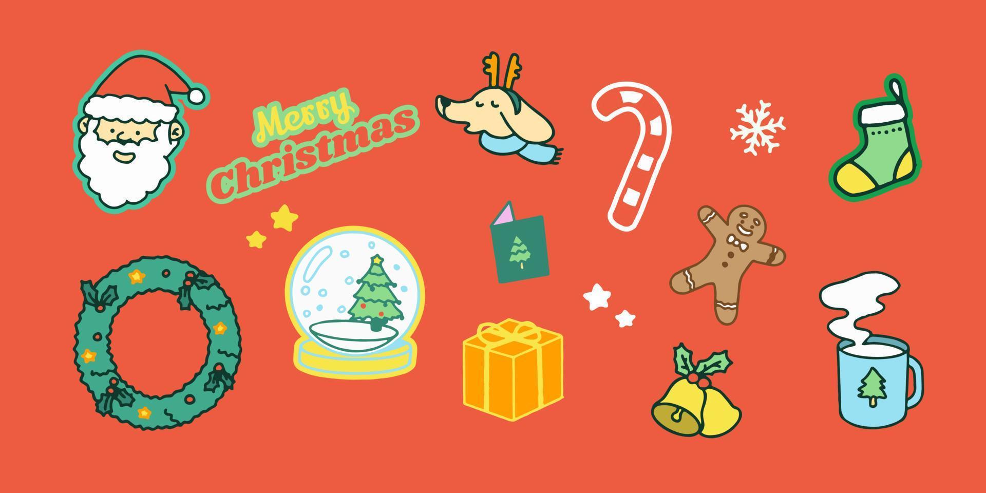 Collection of Christmas decorations, holiday gifts, winter knitted woolen clothes, ginger bread, trees, gifts and penguin. Colorful vector illustration in flat cartoon style