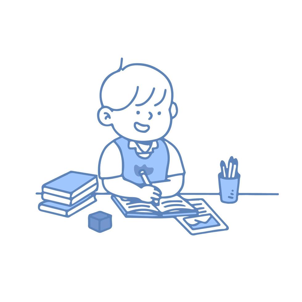 Cute Cartoon Happy Little Boy Studying . Vector illustration isolated on background.