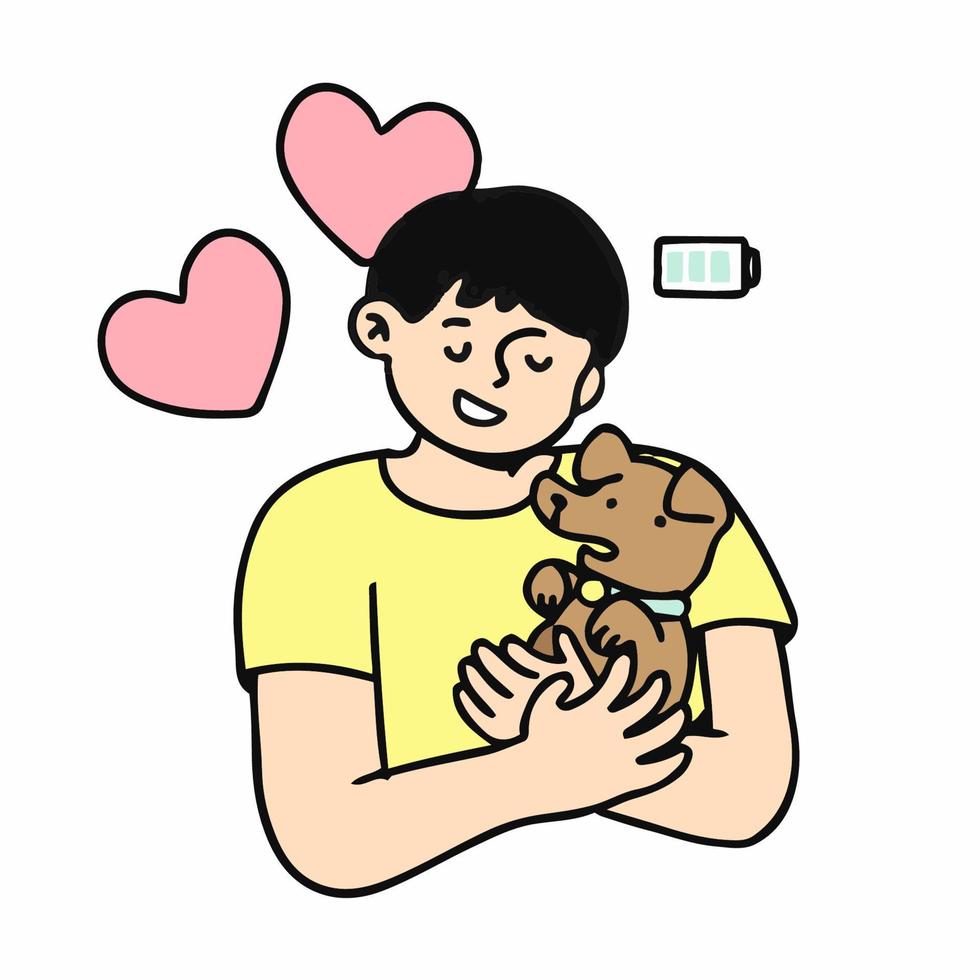 Man embrace his dog. Friendship concept. Colorful vector cartoon illustration