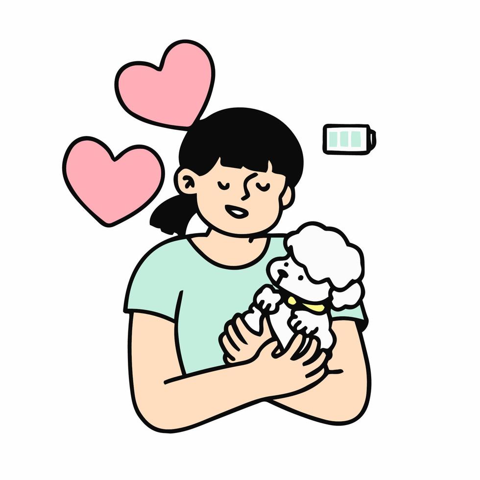 mujer abraza a su perro. concepto de amistad. ilustración de dibujos animados de vector colorido