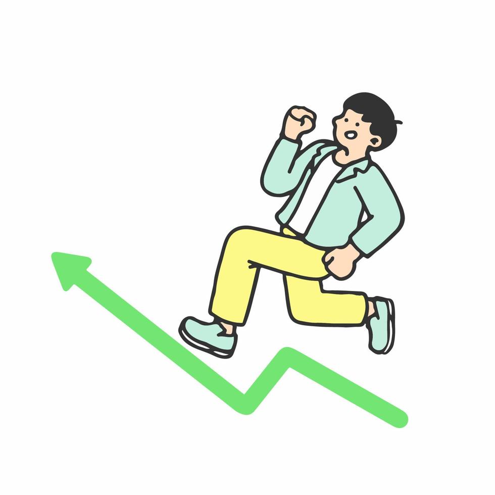 en concepto de progreso. hombre de negocios corriendo sobre el gráfico de crecimiento. subir la motivación. contorno doodle vector caracteres aislados en blanco