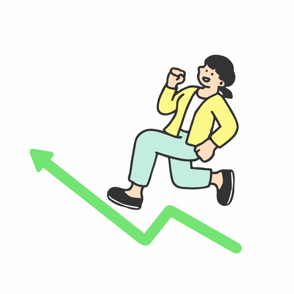 In progress concept. Business woman running up over growing chart. Move up motivation . Outline doodle vector characters isolated on white