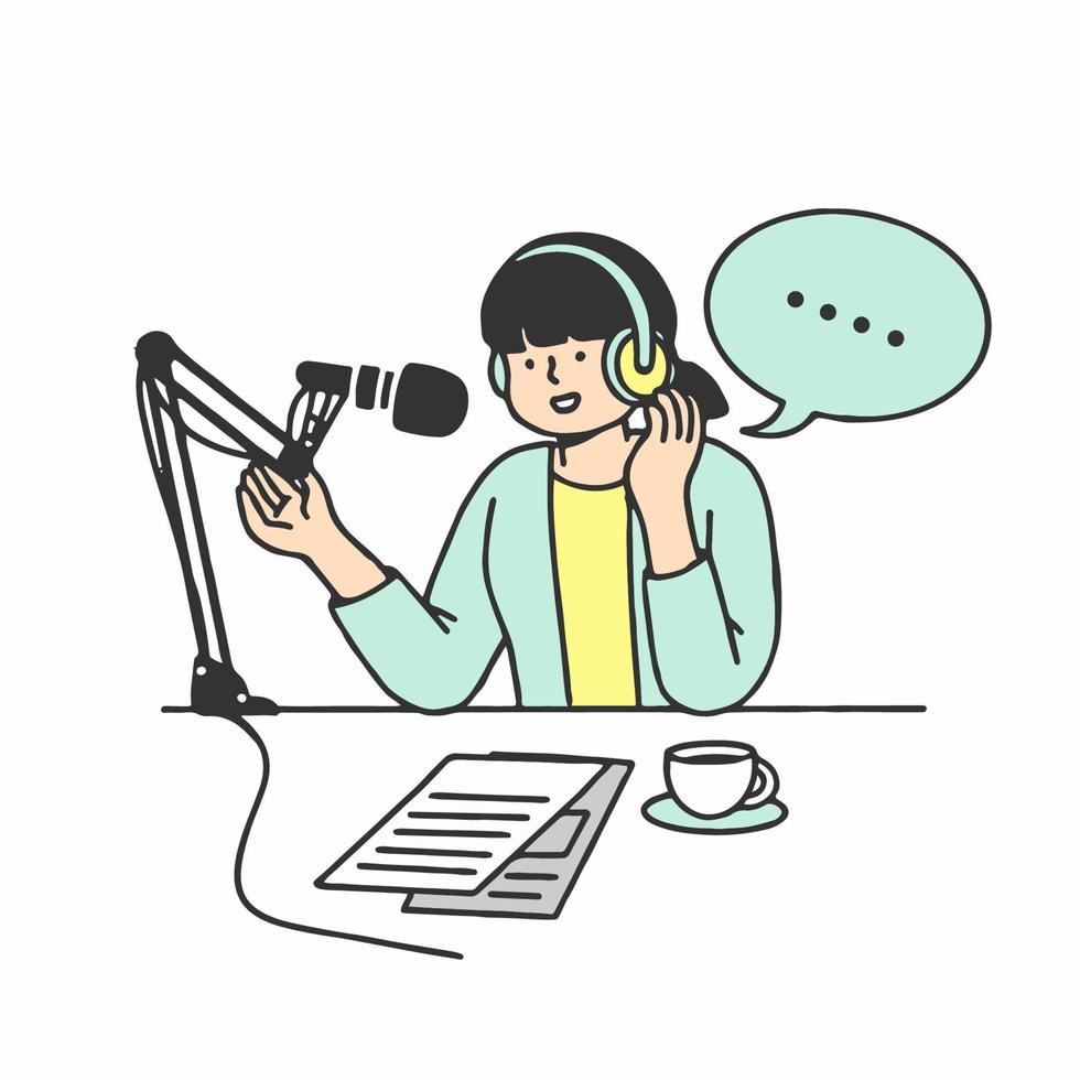 mujer joven graba un podcast, programa de radio en línea. las personas con auriculares están hablando por un micrófono. el concepto de podcasting, broadcasting.outline doodle vector caracteres aislados en blanco