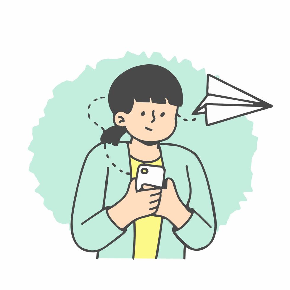 mujer joven que usa la aplicación de teléfono móvil para chatear en línea y enviar mensajes de texto. tipo con teléfono inteligente durante la comunicación virtual. contorno doodle vector caracteres aislados en blanco