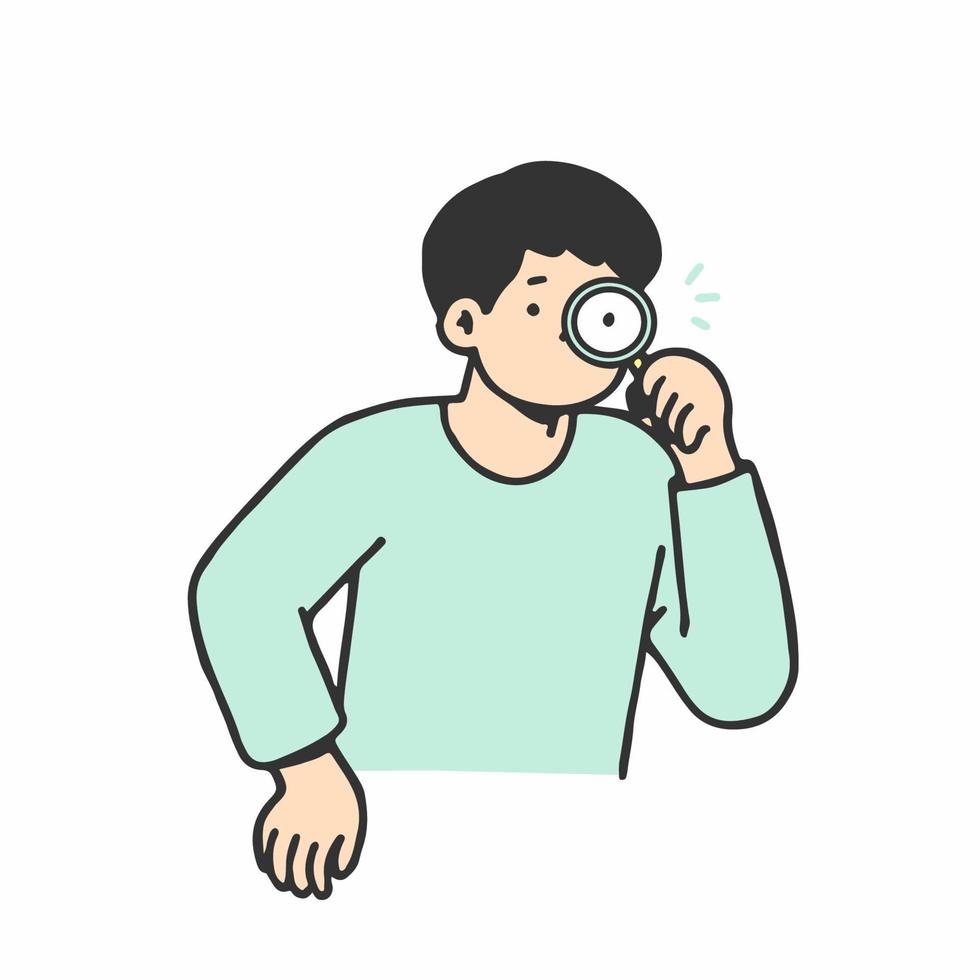 Young man with magnifying glass. Search engine concept. Hand drawn style, vector illustration