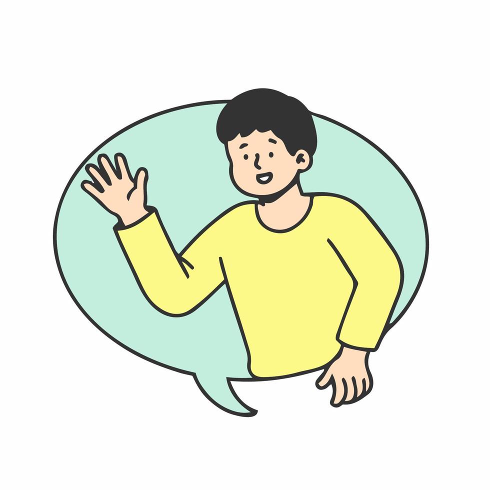 Illustration of young man with a greeting gesture. Man says hello and bubble chat. Outline doodle vector characters isolated on white