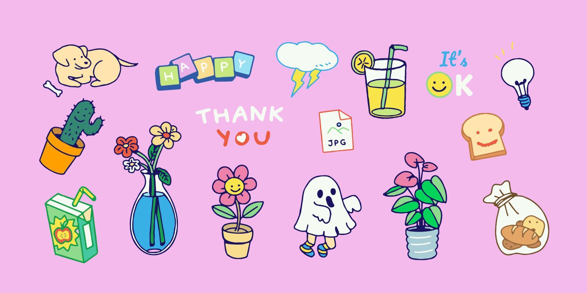Set of Hand drawn isolated vector patches, pins, stamps or sticker pack with funny cute characters and trendy illustrations. Colorful planning decoration , Prints and social media post