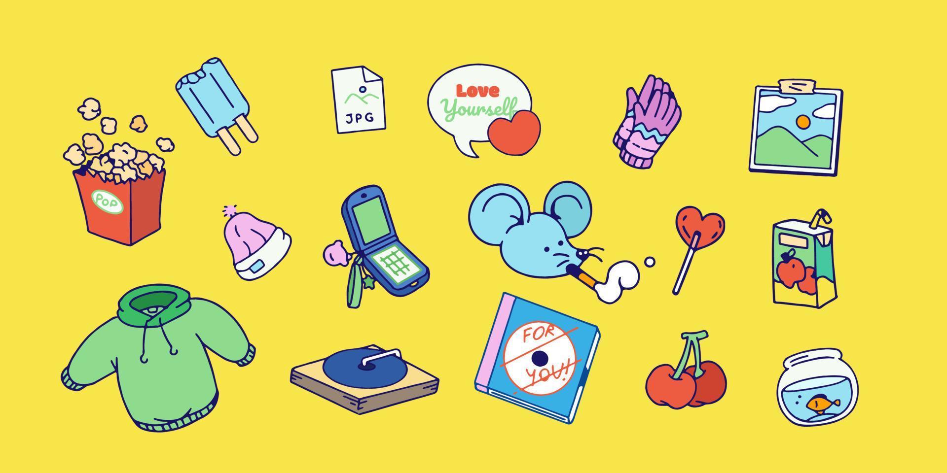 Set of Hand drawn isolated vector patches, pins, stamps or sticker pack with funny cute characters and trendy illustrations. Colorful planning decoration , Prints and social media post