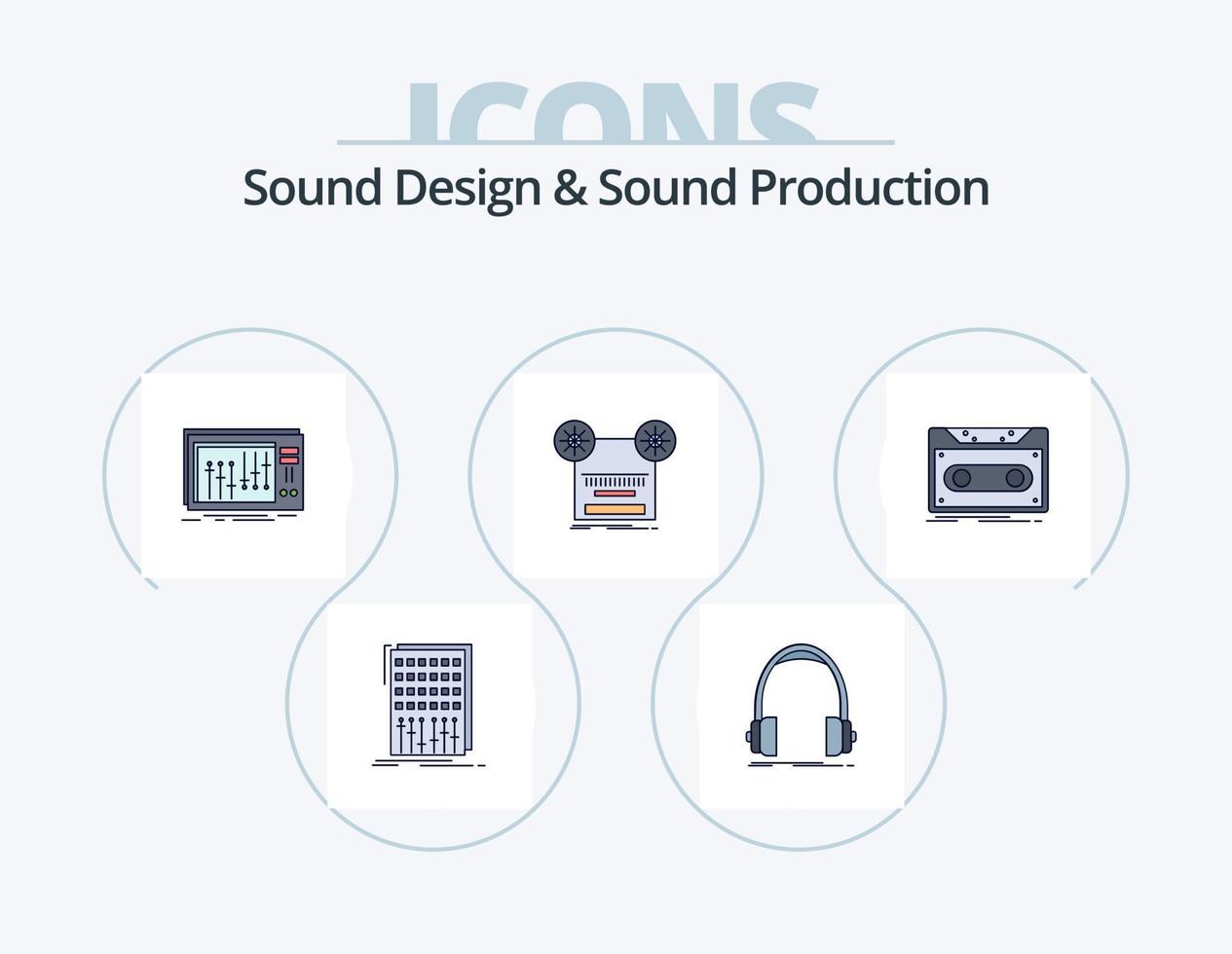 el diseño de sonido y la línea de producción de sonido llenaron el paquete de iconos 5 diseño de iconos. círculo. audio. interfaz. estudio. mezclador vector