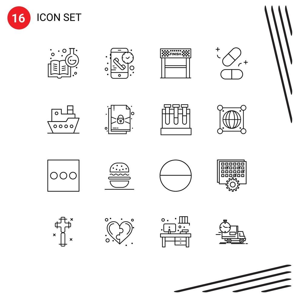 Universal Icon Symbols Group of 16 Modern Outlines of science pills time medicine race Editable Vector Design Elements