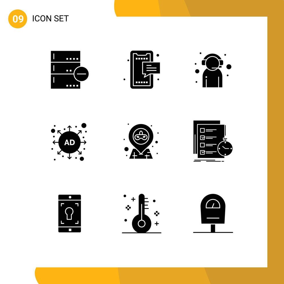 Set of 9 Commercial Solid Glyphs pack for strategy ad mobile support customer service Editable Vector Design Elements