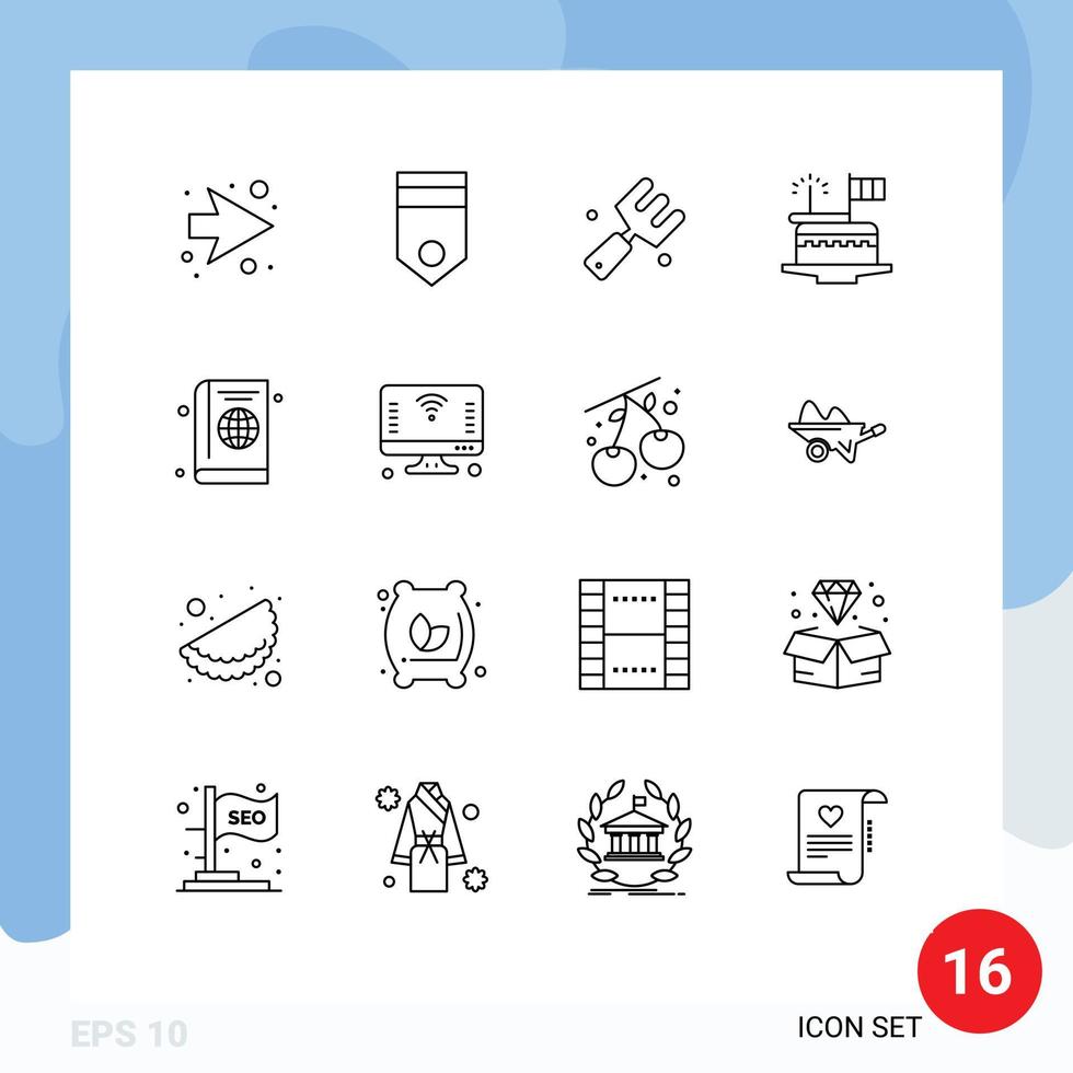 Group of 16 Modern Outlines Set for passport festival agriculture day cake Editable Vector Design Elements