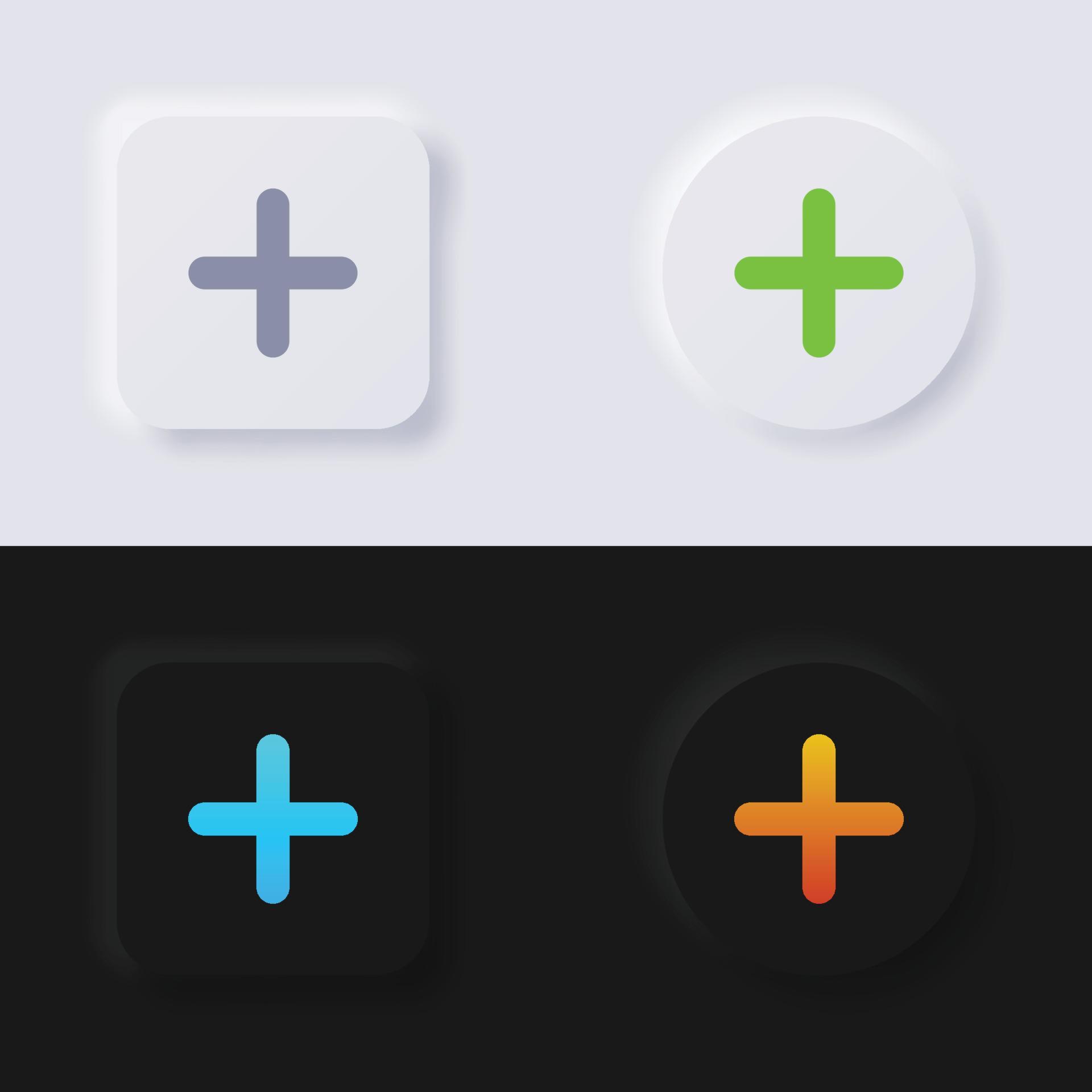Plus symbol button icon set, Multicolor neumorphism button soft UI ...