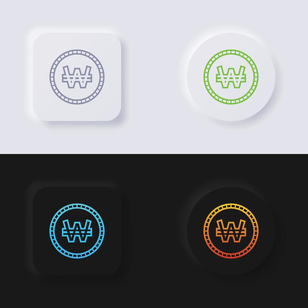 Korean won currency symbol coin button icon set, Multicolor neumorphism button soft UI Design for Web design, Application UI and more, Button, Vector. vector