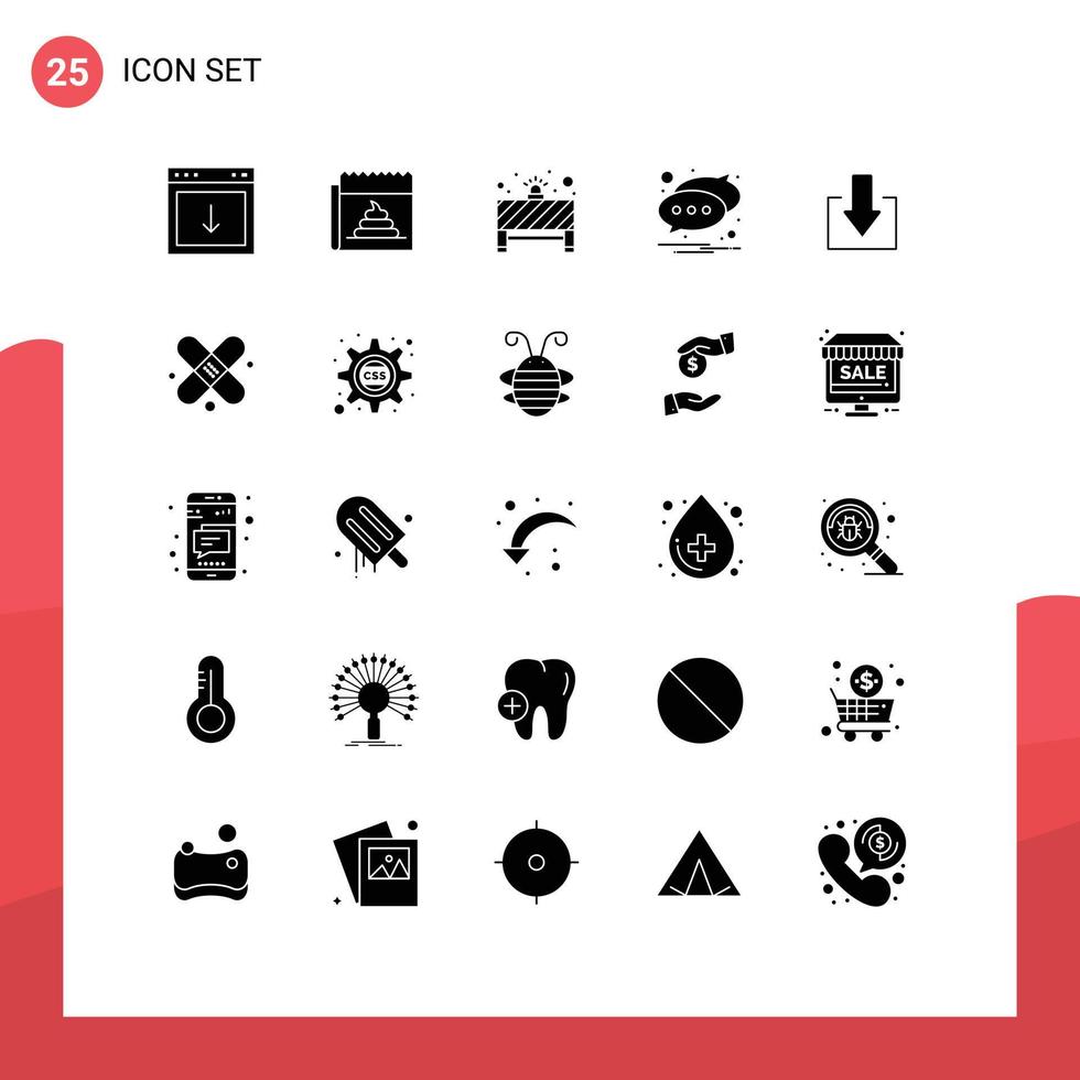 conjunto moderno de 25 pictogramas de glifos sólidos de notificación de texto periodismo chat detener elementos de diseño de vectores editables